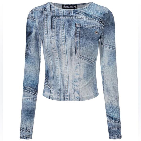 The Kript Tops - The Kript Sully Semi Sheer Mesh Denim Print Long Sleeve Fitted Crop Top